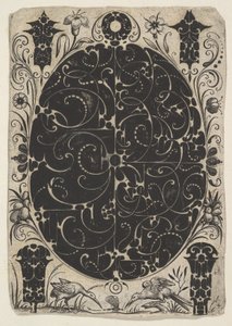 Oval fodral dekorerad med Schweifwerk i två varianter, omgiven av mindre motiv..., ca. 1614-19.