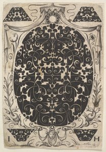 Ovalt hänge dekorerat med Schweifwerk, omgivet av mindre motiv och krönt b..., ca. 1614-19.