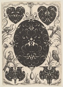 Ovalt hänge dekorerat med Schweifwerk, omgivet av mindre motiv och fyra fåglar, ca. 1614-19.