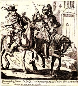 Don Quijote på Rossinante, åtföljd av Sancho Panca på sin åsna Grison, ca 1640 (illustration) av Jacques Lagniet
