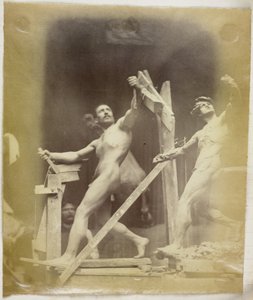 Studie av en naken manlig modell med en hand i en portal, sedd från sidan och bredvid en gipsmodell i samma pose, i Jacques de Lalaings studio av Jacques Lalaing (attributed to)