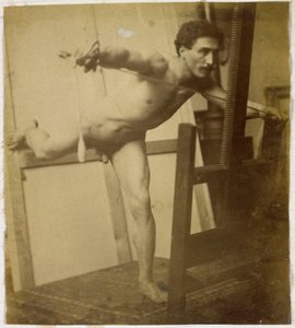 Studie av en naken manlig modell, framåtlutad med höger ben bakåt, i Jacques de Lalaings studio av Jacques Lalaing (attributed to)