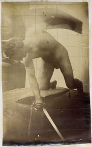 Studie av en manlig nakenmodell, på knäna med ett svärd och en sköld i händerna, i Jacques de Lalaings verkstad av Jacques Lalaing (attributed to)