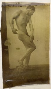 Studie av en manlig nakenmodell, stående och sedd från sidan, i Jacques de Lalaings studio