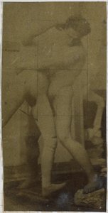 Studie av en manlig nakenmodell, som står och brottas med en skyltdocka, i Jacques de Lalaings ateljé, möjligen förstudie till målningen The Wrestlers av Jacques Lalaing (attributed to)