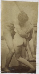 Studie av en manlig nakenmodell, som står och brottas med en skyltdocka, i Jacques de Lalaings ateljé, möjligen förstudie till målningen The Wrestlers av Jacques Lalaing (attributed to)