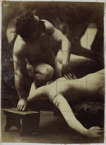 Studie av en manlig nakenmodell som brottas med en skyltdocka i Jacques de Lalaings studio av Jacques Lalaing (attributed to)