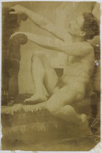Studie av en naken manlig modell, sittande och sedd från sidan, i Jacques de Lalaings studio