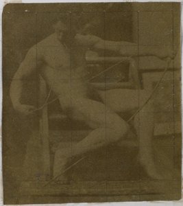 Studie av en manlig nakenmodell, sittande på ett trappsteg, sedd framifrån med rep och pilbåge i knäet, i Jacques de Lalaings studio av Jacques Lalaing (attributed to)