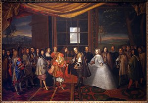 Trettioåriga krig: "" Intervju med kungen av Frankrike Ludvig XIV (1638-1715) och Filip IV av Spanien (1605-1665) på ön Paisans den 7/11/1659"" Spanien går med på att underteckna fördraget om Pyreneerna. Dotter till Philip IV, Marie Therese (Marie-Therese) av Jacques Laumosnier
