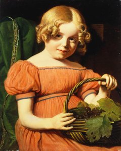 Porträtt av Louisa Booth, sittande halvlängd, i en korallrosa klänning trimmad med en blå fläta som håller en korg med druvor, av Jacques Laurent Agasse