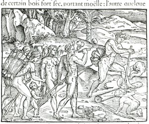 Indianer gör upp eld efter jakt, graverad av Theodor de Bry (1525-75) av Jacques Le Moyne