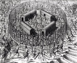 Johannes Staden hjälper till att försvara indianerna som fångade honom mot Tuppin Tkins, graverad av Theodore de Bry (1528-98), från 