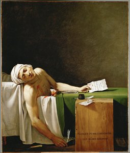 Jean Paul Marat, politiker och publicist, död i sitt badkar, mördad av Charlotte Corday i ... av Jacques Louis David