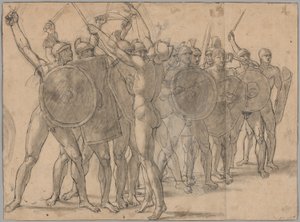 Nakna soldater som gestikulerar med sina vapen (recto); Två draperistudier för figuren Tatius (verso) av Jacques Louis David