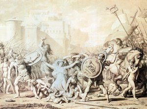 Study for Rape of Sabine Women (penna, bläck, akvarell och pennteckning) av Jacques Louis David