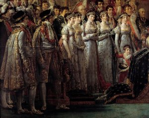 Napoleons rite. Detalj som föreställer kejsarens bröder och systrar under kejsar Napoleon I Bonapartes sakra och kröningen av Imperatrice Josephine vid Notre-Dame de Paris den 2 december av Jacques Louis David