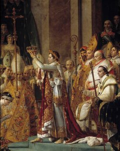 Napoleons rite. Detalj av Napoleon som bär kronan under kejsar Napoleon I Bonapartes sakra och kröningen av Imperatrice Josephine vid Notre-Dame de Paris den 2 december av Jacques Louis David