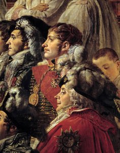 Napoleons rite. Detalj som representerar Auguste Jean-Gabriel de Caulaincourt (1777-1809), Eugene Rose de Beauharnais dit Prince Eugene (1781-1824) och Charles Maurice de Talleyrandt-Perigord dit Talleyrand (1754-1838) under kejsar Napoleons kröning av Jacques Louis David