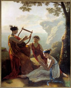 Den grekiske poeten Sapho (Sappho) spelar lyra och två av hennes följeslagare Målning av Jacques Louis Grandin (1780-?) 1808 Paris, Musee Marmottan av Jacques Louis Michel Grandin