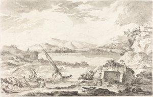 Utsikt över den antika hamnen i Phaleron, Aten av Jacques Philippe LeBas after Julien David Le Roy
