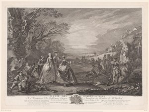 Landskap med fyra figurer som besöker ett arméläger Halte des Gardes Suisses (titel på objekt) av Jacques Philippe Le Bas