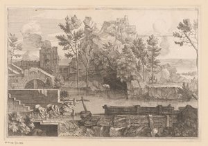 Landskap med sjö och tre vaxande kvinnor av Jacques Prou