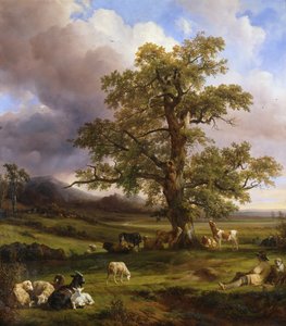 Djur som vilar runt ett stort ek, 1842