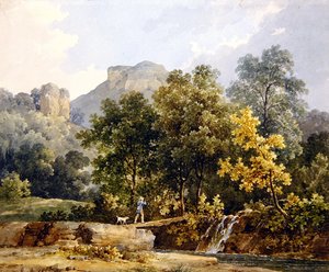 Jägare som korsar en bro över en flod