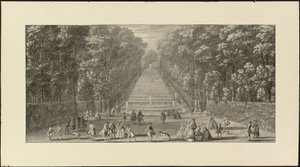 Vue de la Grande Cascade dans les jardins de Marly (svart krita, penna och svart bläck, grå tvätt) av Jacques Rigaud
