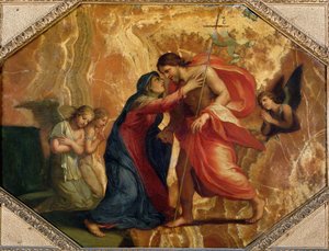 Jesus Kristus tar emot jungfrun i himlen (olja på alabaster)