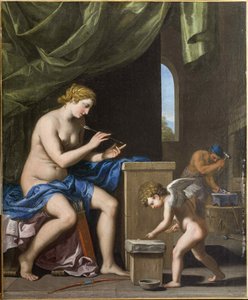 Vulcan smider pilarna för Cupid, ca. 1645. av Jacques Stella