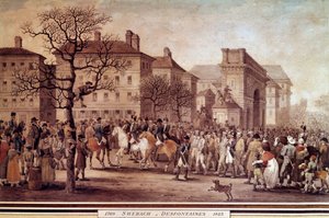 Frankrikes kampanj 1814: "" Entré i Paris för fångar av allierade arméer (inklusive Ryssland och Preussen), eskorterad av Nationalgardet under befäl av Marechal Moncey den 9/03/1814"" Litografi av Jacques Swebach-Desfontaines (1769- 1823) av Jacques Swebach Desfontaines