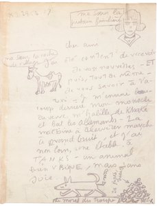 Autografbrev med teckningar av Jacques Vache