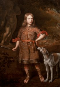 Porträtt av en pojke som en jägare som håller ett galtspjut med en vinthund, mitten av 1670-talet