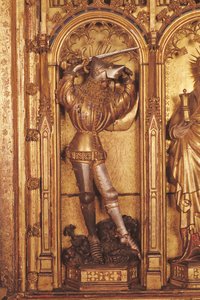 Korsfästelsens altartavla, detalj av St. George från den vänstra panelen, från Church of Chartreuse de Champmol, c.1391 (förgyllt trä) av Jacques de Baerze or Baers