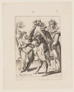 Cupido med ögonbindel som håller en fackla framför ett par, från Maskeraderna av Jacques de Gheyn II