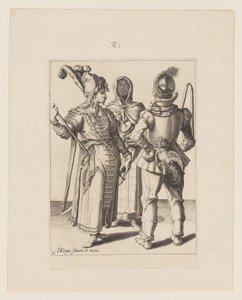 En storman i österländsk klädsel, en man med en kuk i bältet och en beslöjad kvinna som spelar på en rumlande kruka, ur Maskeraderna av Jacques de Gheyn II