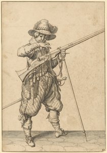 En soldat på vakt blåser i tändstickan av Jacques de Gheyn II