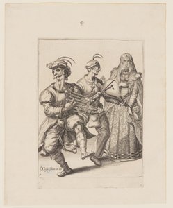 En beslöjad kvinna med två musiker som spelar på ett järn och en bälg, ur Maskeraderna av Jacques de Gheyn II
