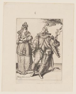 En kvinna ledd av en spelare med fackla, från Maskeraderna av Jacques de Gheyn II