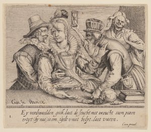 En ung kvinna mellan en ung man och en gammal man, från Unequal Lovers av Jacques de Gheyn II