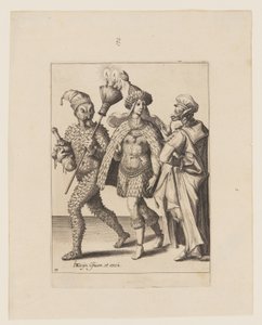 En gammal mumie tilltalar ett par klädda i löv och fågelfjädrar, ur Maskeraderna av Jacques de Gheyn II