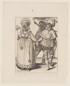 Man med turban leder en kvinna som bär påfågelfjädrar, bakom dem en fackelbärare, ur Maskeraderna av Jacques de Gheyn II