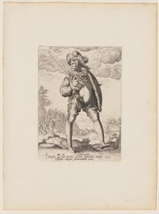 Soldat, beväpnad med svärd och sköld, från officerare och soldater i kejsar Rudolf II:s livgarde av Jacques de Gheyn II