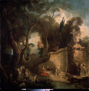 ""Rest after the Hunt" (Rest after the Hunt) Nöjen för adeln efter jaktfesten, en kvinna på en gunga, en picknickscen (picknick) på landsbygden. Målning av Jacques de Lajoue (1686-1761) 1730 Pushkin Museum, Moskva