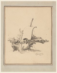 Ritning, Design för ett nyckelskylt i form av en båt med segel, till Recueil Nouveau de Differens Cartouches, 1734 av Jacques de Lajoüe