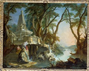 Landskap komponerar eller "" floden"" Pyramidformad fontän med staty av Neptunus trasig. Målning av Jacques de Lajoue (1686-1761) 1700-talets sön. 0,81 x 1,01 m
