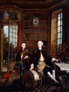 Porträtt av konstnärens son med sin lärare, som sägs vara konstnären Jean Baptiste de Courtonne den yngre, i ett bibliotek, av Jacques de Lajoüe