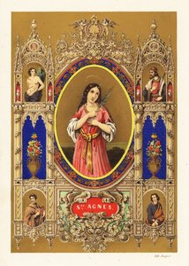 Porträtt av Saint Agnes of Rome, jungfru martyr, med gloria och palmblad inom dekorativ kant av Jacquet Jacquet